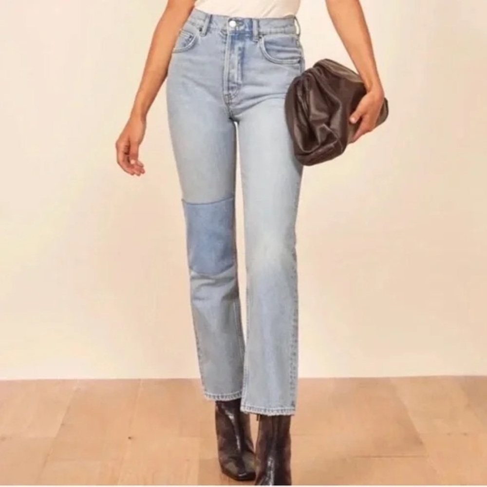 Reformation Cynthia Patch High Rise Straight Jeans Tahoe Wash Size 26